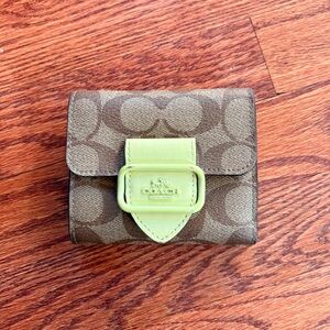 Coach Brown Signature Canvas Wallet with Lime Accent
